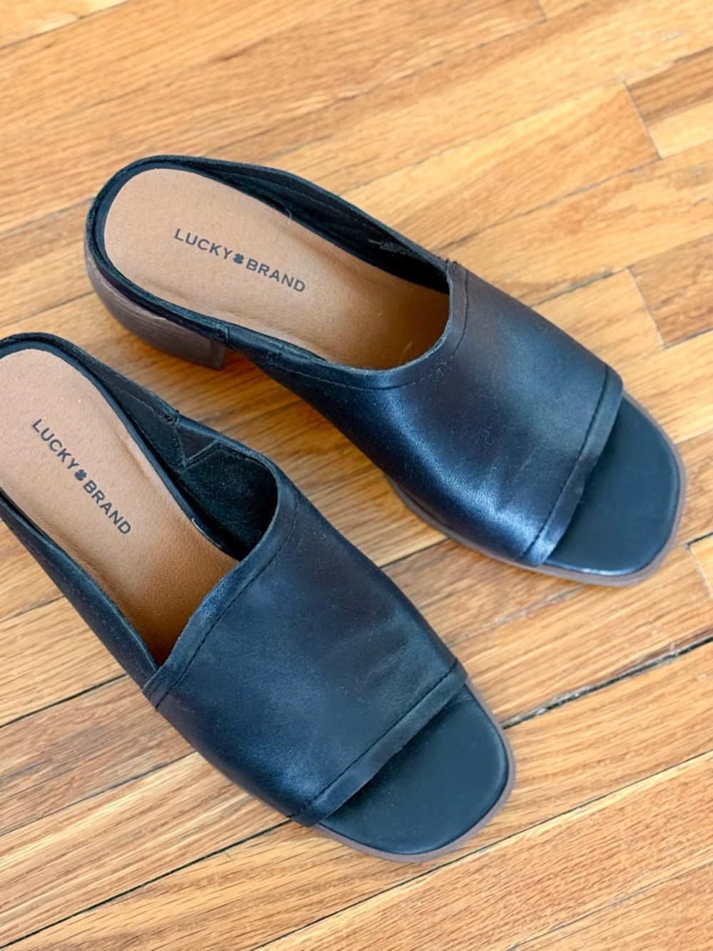 Lucky Brand “Jemie” Black Open-Toe Leather Mule Heels - Picture 3 of 4